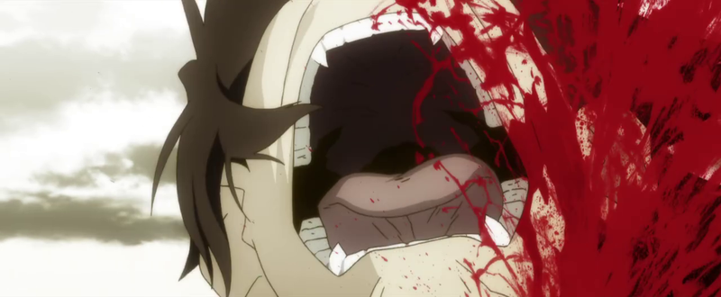 It wouldn’t be a Monogatari review without a screencap of Koyomi’s joyously spurting blood